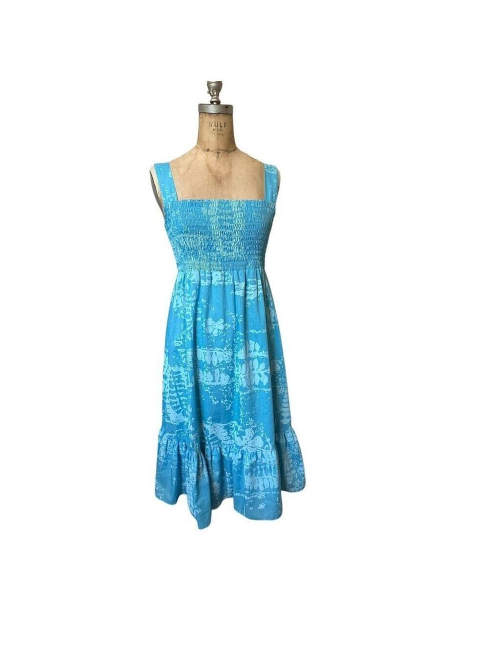 Young Hawaii Smocked Blue Palm Print Dress L Vintage 70’s Cotton Polyester Blend